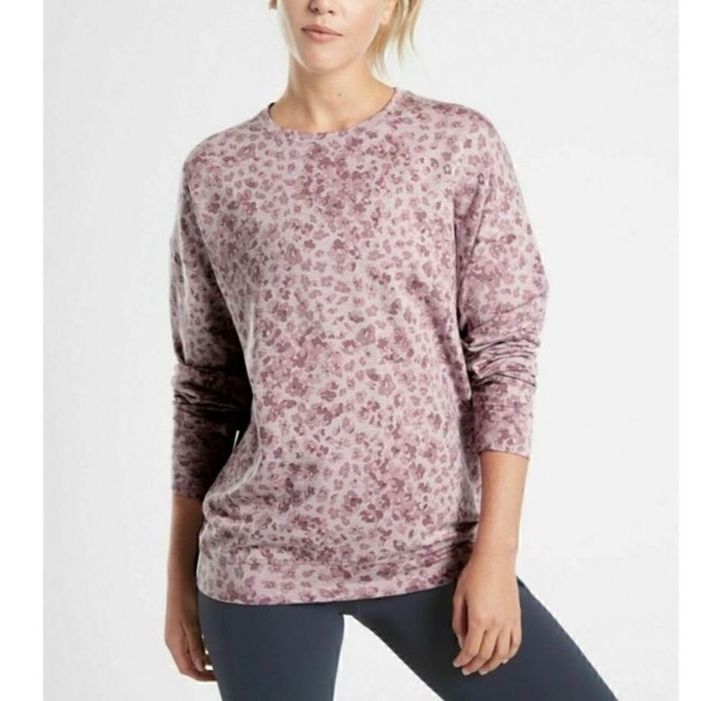 Athleta Studio to Street Pink Mauve Splatter Leopard Crewneck Sweatshirt Sz S
